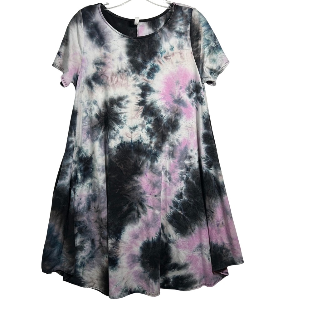 Sunday Morning Pink Black Tie Dye Swing‎ Dress Short Sleeve Crew Neck Small